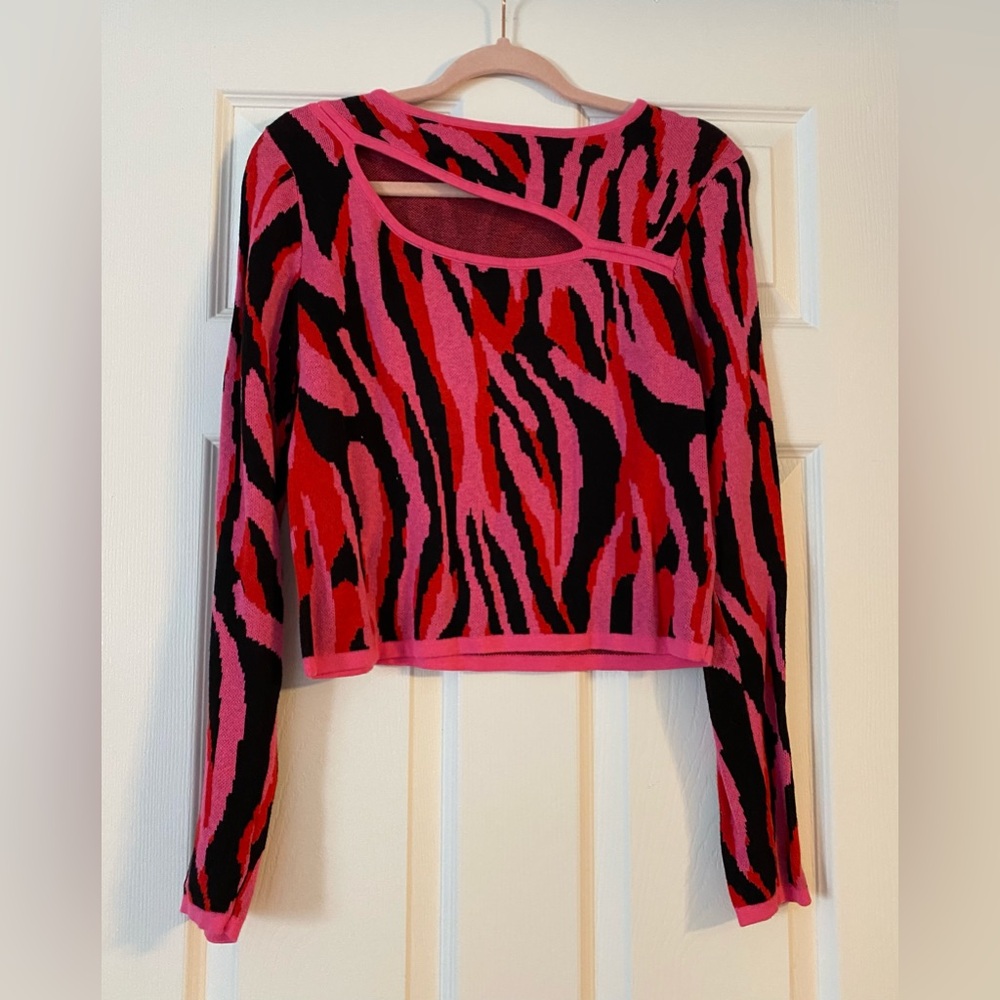 Pink and Red Zebra Print Cutout Sweater